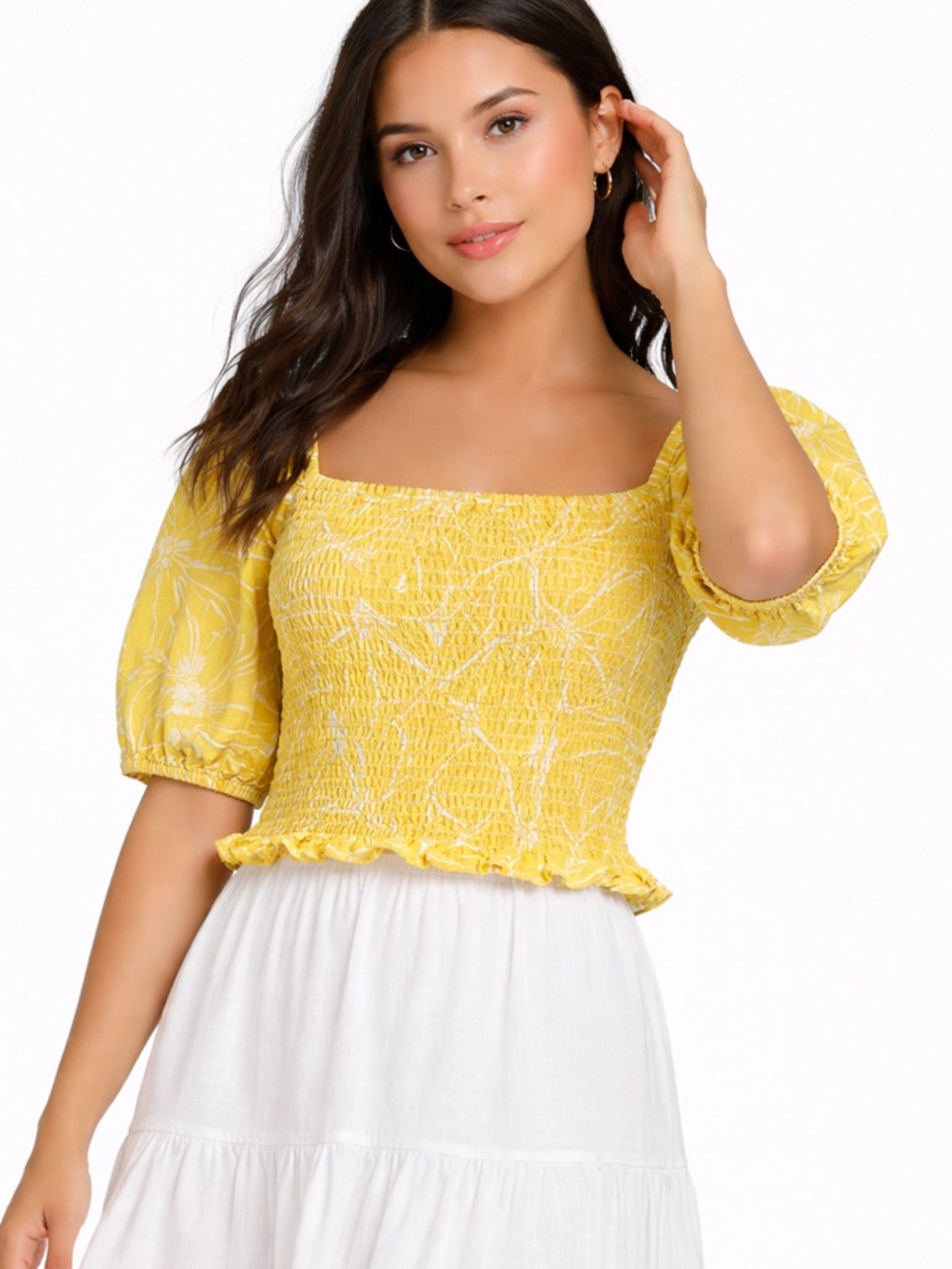 Universal Thread Yellow Floral Smocked Crop Top Puff Sleeve Size S